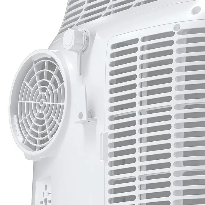 Voltomat Aire acondicionado portátil Hefesto - 3.500 W, Tamaño de la estancia: 35 m², Blanco - Primer plano de un aire acondicionado portátil blanco, que muestra sus ranuras de ventilación y la salida redonda del ventilador.