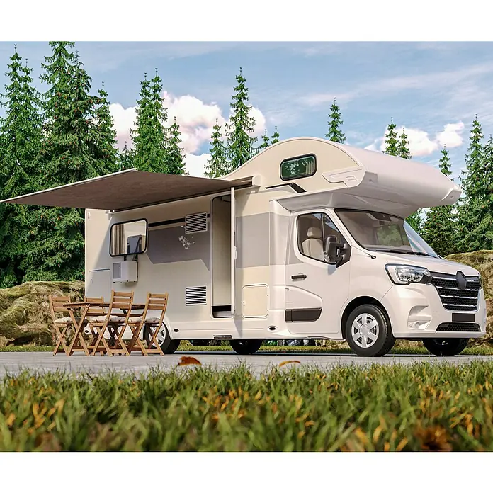 Voltomat Klimasplitgerät Camping - Kühlleistung: 500 W - 1.500 W, Raumgröße: 10 m² - 15 m² - Dieses Bild zeigt ein weißes Wohnmobil mit ausfahrbarer Markise, ideal für Campingausflüge in der Natur. Eine gemütliche Sitzecke lädt zum Verweilen ein.