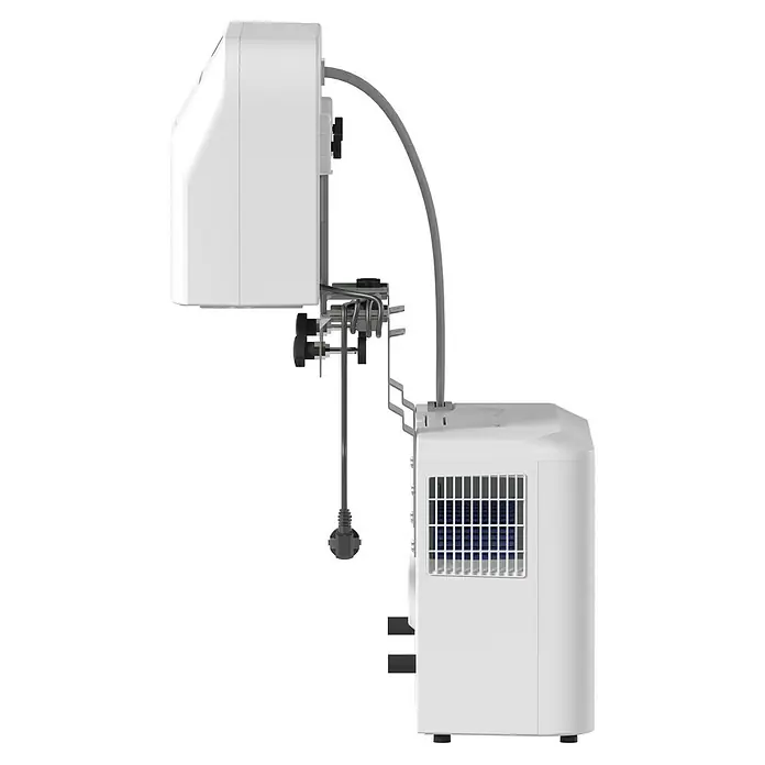 Voltomat Klimasplitgerät Camping - Kühlleistung: 500 W - 1.500 W, Raumgröße: 10 m² - 15 m² - Seitenansicht eines weißen tragbaren Klimageräts mit Kabel und Stecker. Das Gerät verfügt über Lüftungsschlitze an der Seite.