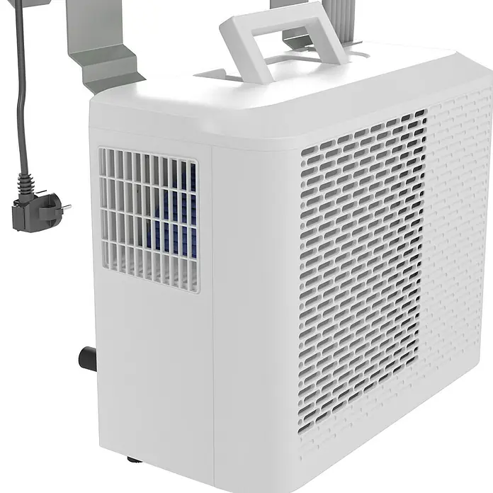 Voltomat Klimasplitgerät Camping - Kühlleistung: 500 W - 1.500 W, Raumgröße: 10 m² - 15 m² - Das Bild zeigt ein tragbares Klimagerät in Weiß mit Lüftungsschlitzen und einem Tragegriff. Ein Stromkabel ist angeschlossen.