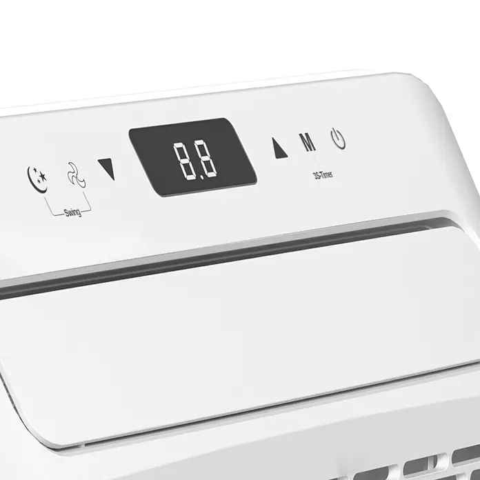 Voltomat Klimasplitgerät Camping - Kühlleistung: 500 W - 1.500 W, Raumgröße: 10 m² - 15 m² - Nahaufnahme der Bedienelemente eines Luftentfeuchters mit digitaler Anzeige, Modus- und Timer-Funktionen.