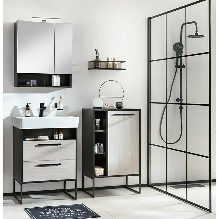 BAUHAUS Jannik Badmöbel-Set - Gesamtbreite Badmöbel: 61 cm, Steinesche/Anthrazit, Matt, Mit Badregal, 5 -tlg. - Ein modernes Badezimmer-Set mit Waschbeckenunterschrank, Spiegelschrank, Regal und Dusche mit schwarzem Rahmen für ein stilvolles Ambiente.