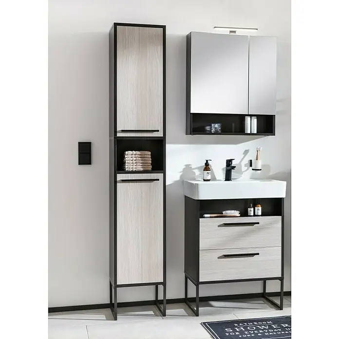 BAUHAUS Jannik Badmöbel-Set - Gesamtbreite Badmöbel: 61 cm, Steinesche/Anthrazit, Matt, Mit Hängeschrank, 5 -tlg. - Modernes Badezimmer-Set mit Waschtisch, Spiegelschrank und Hochschrank in Holzoptik und schwarzem Rahmen. Praktische Badmöbel für mehr Stauraum.