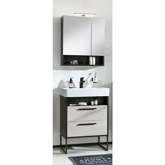 BAUHAUS Jannik Badmöbel-Set - Gesamtbreite Badmöbel: 61 cm, Steinesche/Anthrazit, Matt, 3 -tlg. - Ein modernes Badezimmer mit einem Waschbeckenunterschrank in Grau und Weiß mit einem Spiegelhängeschrank darüber.