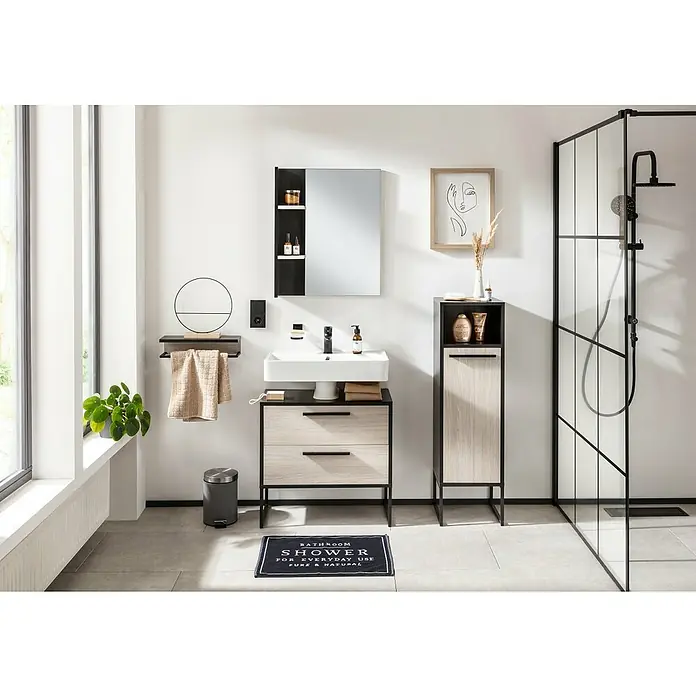 BAUHAUS Jannik Badmöbel-Set - Gesamtbreite Badmöbel: 65 cm, Steinesche/Anthrazit, Matt, 6 -tlg. - Ein modernes Badezimmer mit einem Waschtisch mit zwei Schubladen, einem Spiegelschrank und einer Duschkabine mit schwarzem Rahmen.