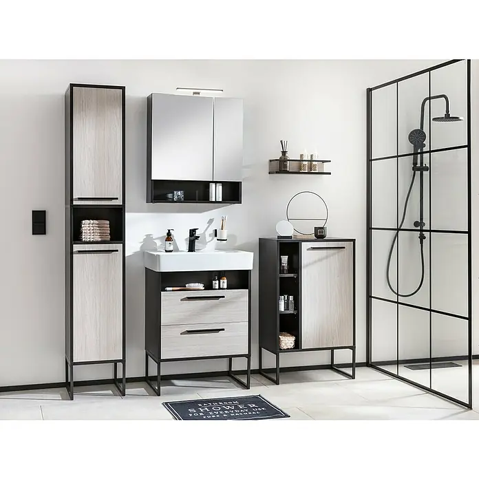 BAUHAUS Jannik Badmöbel-Set - Gesamtbreite Badmöbel: 65 cm, Steinesche/Anthrazit, Matt, 7 -tlg. - Modernes Badezimmer-Set mit Waschtisch, Spiegelschrank und Hochschrank in Holzoptik und Schwarz, abgerundet durch eine stilvolle Dusche.