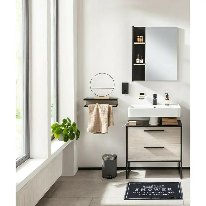 BAUHAUS Jannik Badmöbel-Set - Gesamtbreite Badmöbel: 65 cm, Steinesche/Anthrazit, Matt, Mit Badregal, 5 -tlg. - Modernes Badezimmer-Interieur mit Waschtischunterschrank, Spiegel, Handtuchhalter und dekorativen Elementen für ein stilvolles Ambiente.