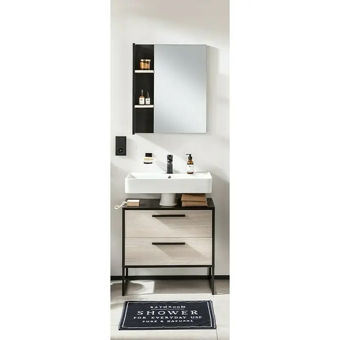 BAUHAUS Jannik Badmöbel-Set - Gesamtbreite Badmöbel: 65 cm, Steinesche/Anthrazit, Matt, 4 -tlg. - Ein Badezimmerwaschtisch mit modernem Design, bestehend aus einem Waschbecken, einem Unterschrank mit Schubladen und einem Spiegel mit Regal.