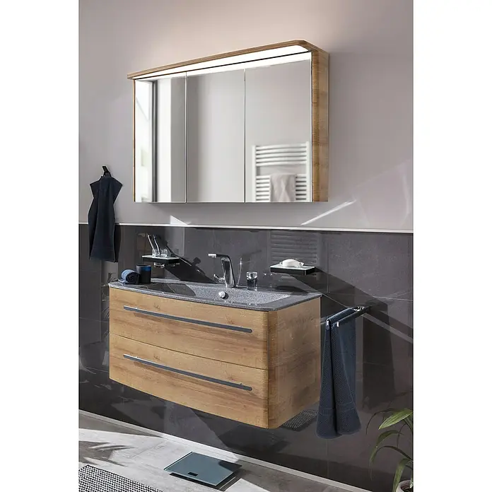 Lanzet Classico Badmöbel-Set CL10LMBA - 99,2 cm, Berg Eiche, Farbe Griff: Anthrazit, Links - Badezimmer-Waschtisch mit Holzunterschrank, grauem Waschbecken und Spiegelschrank mit Beleuchtung für ein stilvolles Ambiente.
