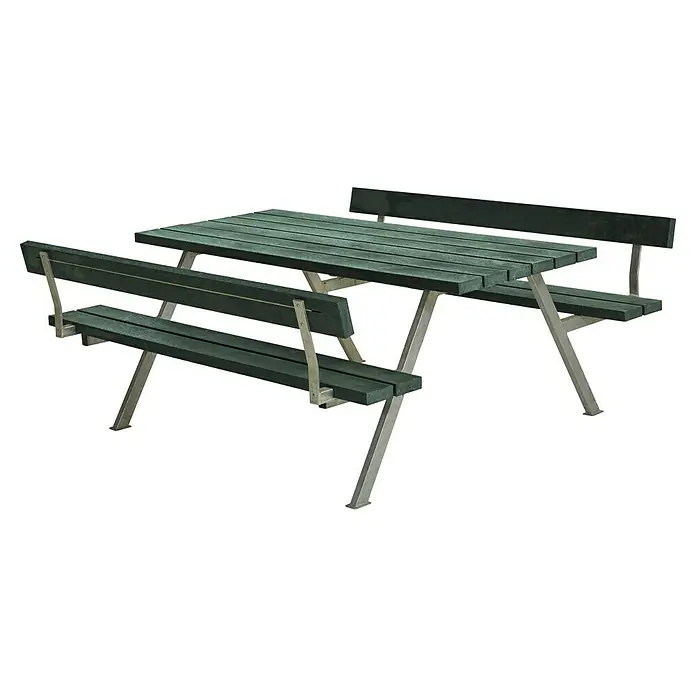 Plus Sitzgruppen-Set Alpha - Grün, Stahl/ReTex, 6 Personen, mit Rückenlehne - Grüner Picknicktisch mit Bänken und Rückenlehnen aus wetterfestem Material, ideal für den Außenbereich. Solide Konstruktion für lange Haltbarkeit.