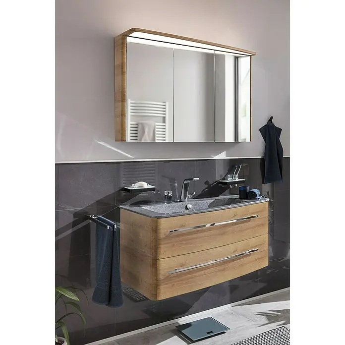 Lanzet Classico Badmöbel-Set CL10RMBC - 99,2 cm, Berg Eiche, Farbe Griff: Chrom, Rechts - Modernes Badezimmer-Waschbecken mit Unterschrank in Holzoptik und Spiegelschrank. Elegantes Design für ein stilvolles Bad.