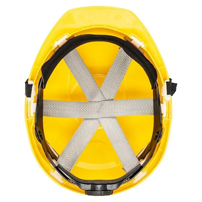 GBT Schutzhelm M100 - Gelb - Gelber Schutzhelm, Innenansicht, zeigt internes Gurtsystem mit grauen Bändern.