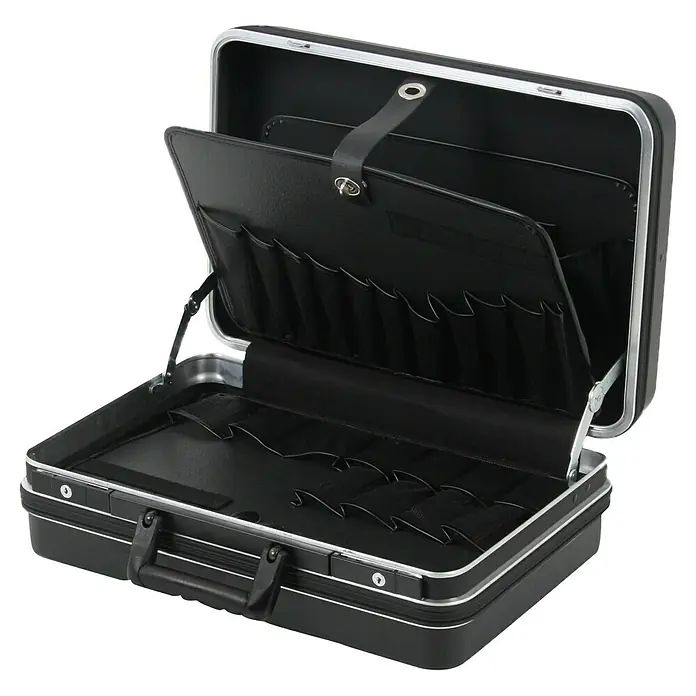 Hepco & Becker Werkzeugkoffer Classic 5112 - L x B: 370 x 490 mm, Höhe: 200 mm, ABS Pro - Geöffneter schwarzer Werkzeugkoffer mit silberfarbenen Akzenten, der Innenraum ist mit Fächern und Halterungen ausgestattet.