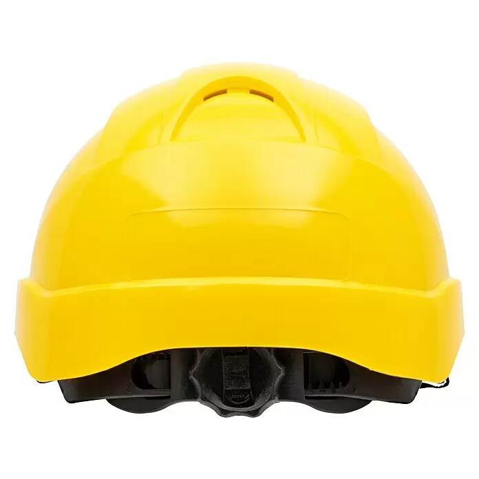 GBT Schutzhelm M100 - Gelb - Gelber Schutzhelm, Rückansicht, mit verstellbarem Kopfband und Lüftungsschlitzen.