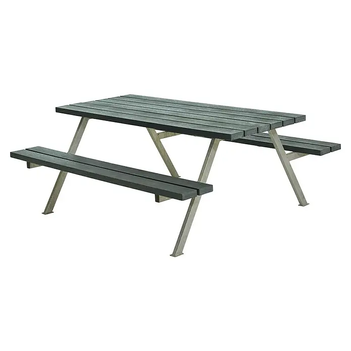 Plus Sitzgruppen-Set Alpha - Grau, Stahl/ReTex, 6 Personen, ohne Rückenlehne - Graue Picknickbank aus Holzlatten und Metallgestell. Ideal für den Garten oder Park, bietet sie Platz für mehrere Personen.