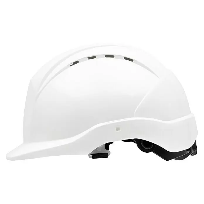 GBT Schutzhelm M100 - Weiß - Weißer Schutzhelm, Seitenansicht, mit Belüftungsschlitzen.
