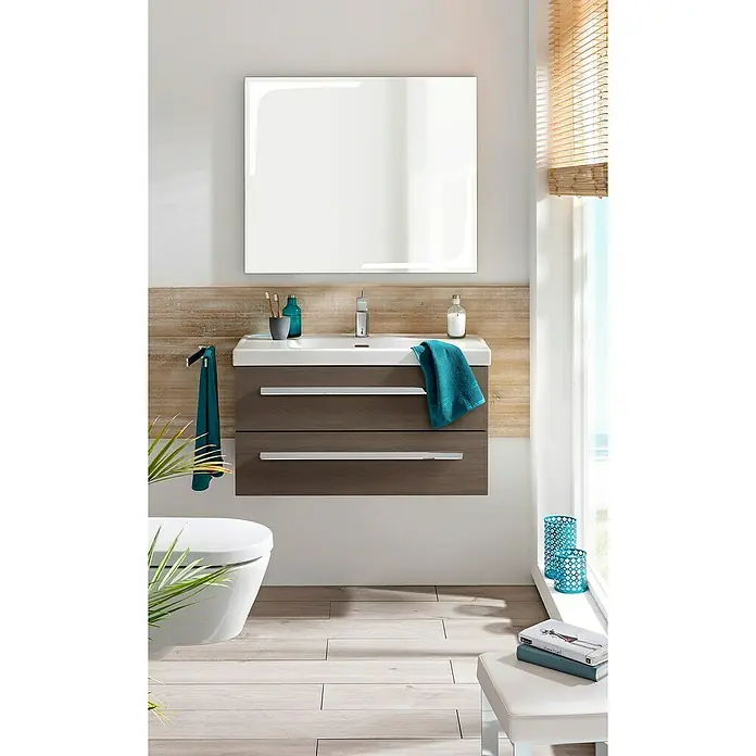 Lanzet K1 Badmöbel-Set K19E1 - 89,2 cm, Eiche Maron - Modernes Badezimmer-Waschbecken mit Schubladen in Holzoptik und einem beleuchteten Spiegel über dem Waschbecken für ein zeitgemäßes Design.