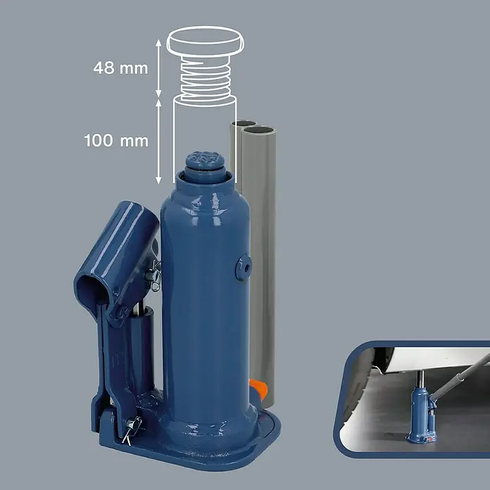 Cartrend Hydraulischer Flaschenwagenheber - 2.000 kg - Blauer Wagenheber mit Abmessungen für Hubhöhe. Ideal für Autoreparaturen und Reifenwechsel.
