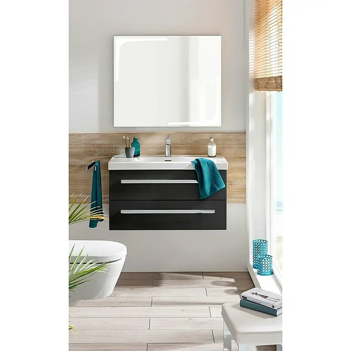 Lanzet K1 Badmöbel-Set K19G1 - 89,2 cm, Grafit - Elegantes Badezimmer-Waschbecken mit dunklen Schubladen, modernem Design und einem stilvollen Spiegel. Ideal für jedes Badezimmer.