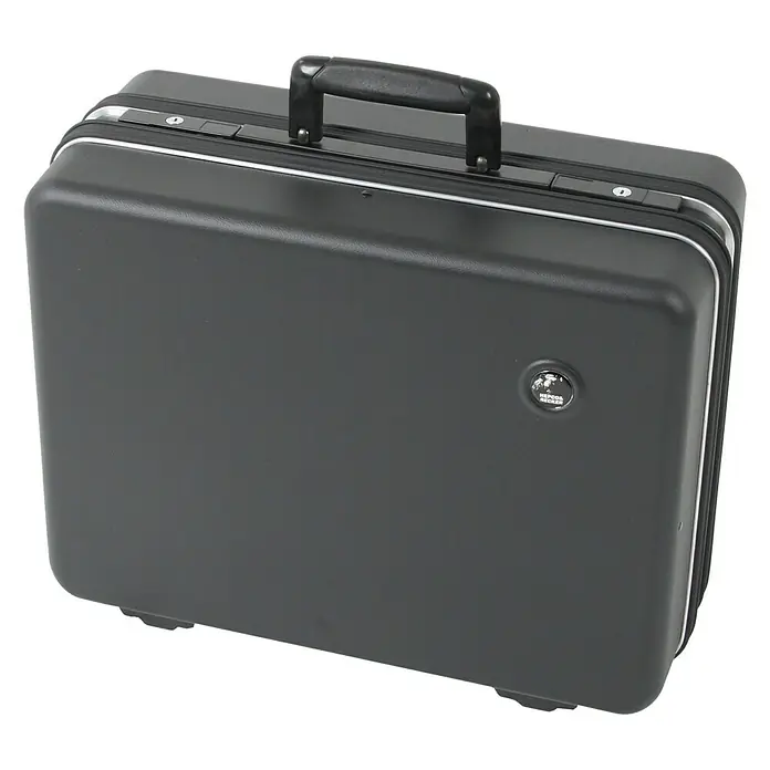 Hepco & Becker Werkzeugkoffer Classic 5182 - L x B: 430 x 510 mm, Höhe: 220 mm, ABS Pro - Abgebildeter schwarzer Hartschalenkoffer mit Griff und silberfarbenen Akzenten, ideal für den sicheren Transport von Instrumenten oder Ausrüstung.