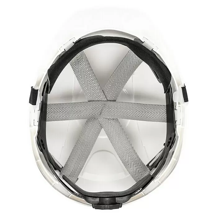 GBT Schutzhelm M100 - Weiß - Weißer Bauhelm innen mit schwarzer Polsterung und grauem Fischgrät-Federungssystem.
