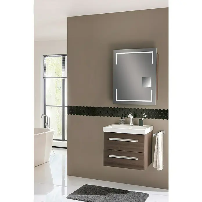 Lanzet K1 Badmöbel-Set K16E2R - Gesamtbreite Badmöbel: 59,2 cm, Eiche Maron, DIN Anschlag: Rechts - Elegantes Badezimmerwaschbecken mit Unterschrank und Spiegel, präsentiert in modernem Design. Hochwertige Verarbeitung für stilvolle Badezimmerausstattung.