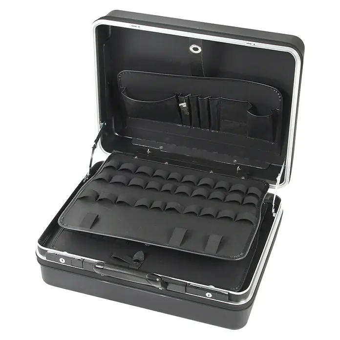 Hepco & Becker Werkzeugkoffer Classic 5182 - L x B: 430 x 510 mm, Höhe: 220 mm, ABS Pro - Offener schwarzer Kosmetikkoffer mit silbernen Beschlägen und Inneneinteilungen zur Aufbewahrung von Utensilien.