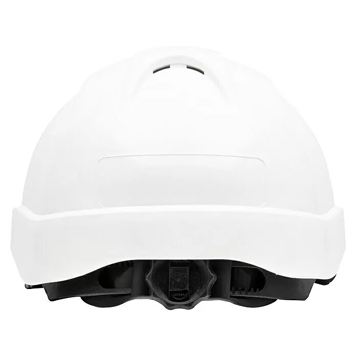 GBT Schutzhelm M100 - Weiß - Rückansicht eines weißen Schutzhelms mit sichtbarem schwarzem Verstellrad und Gurtmechanismus.