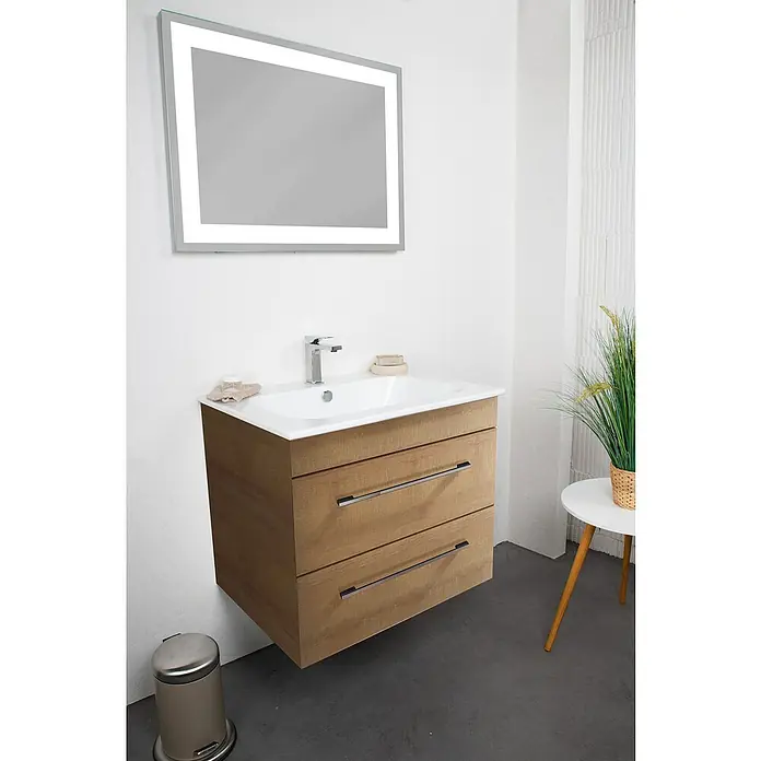 Lanzet K5 Badmöbel-Set K57B1 - 67,9 cm, Berg Eiche - Modernes Badezimmer-Waschbecken mit Holzunterschrank, weißem Becken und beleuchtetem Spiegel für stilvolle Badezimmergestaltung.
