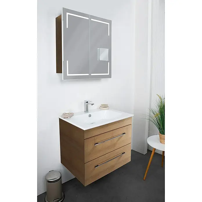 Lanzet K5 Badmöbel-Set K57B2R - 67,9 cm, Berg Eiche - Badezimmer-Waschtisch mit Holzunterschrank und Spiegelschrank mit LED-Beleuchtung für ein modernes Badambiente.