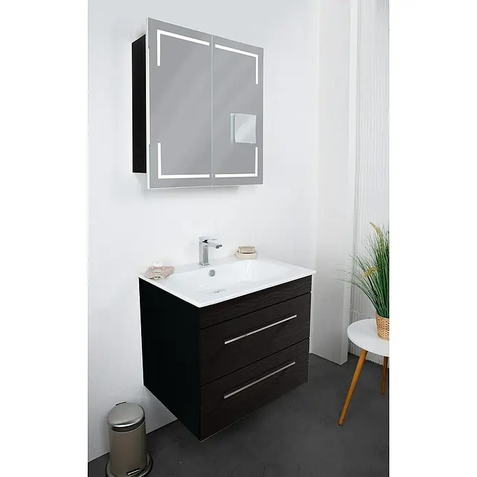 Lanzet K5 Badmöbel-Set K57D2R - 67,9 cm, Dark Oak - Das Badezimmer-Waschbecken mit Unterschrank und Spiegelschrank bietet stilvollen Stauraum. Das moderne Design fügt sich nahtlos in jedes Badezimmer ein.