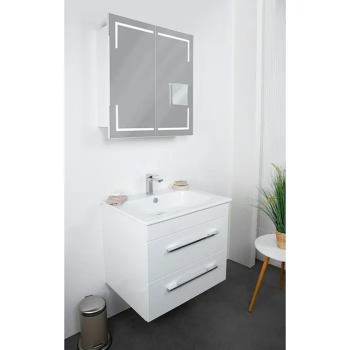 Lanzet K5 Badmöbel-Set K57W2R - 67,9 cm, Weiß - Ein modernes Badezimmerwaschbecken mit Unterschrank und Spiegelschrank mit LED-Beleuchtung für ein stilvolles Ambiente.