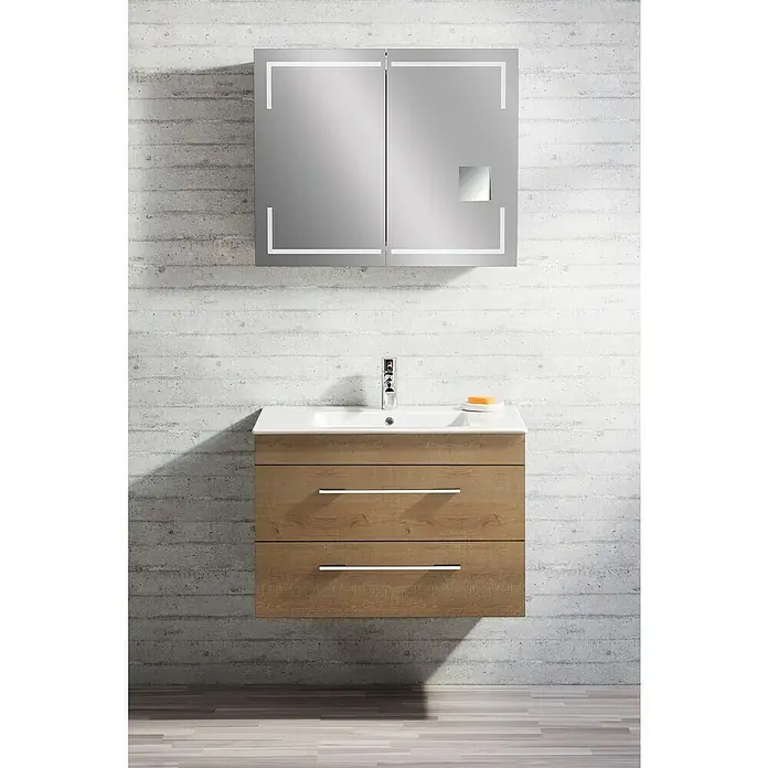 Lanzet K5 Badmöbel-Set K59B2 - 87,9 cm, Berg Eiche - Ein modernes Badezimmer-Waschbecken mit Holzschränken und einem Spiegelschrank mit Beleuchtung, perfekt für jedes stilvolle Bad.