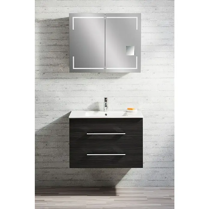 Lanzet K5 Badmöbel-Set K59D2 - 87,9 cm, Dark Oak - Modernes Badezimmer-Waschbecken mit Schubladen und Spiegelschrank. Stilvolles Design für ein zeitgemäßes Bad.