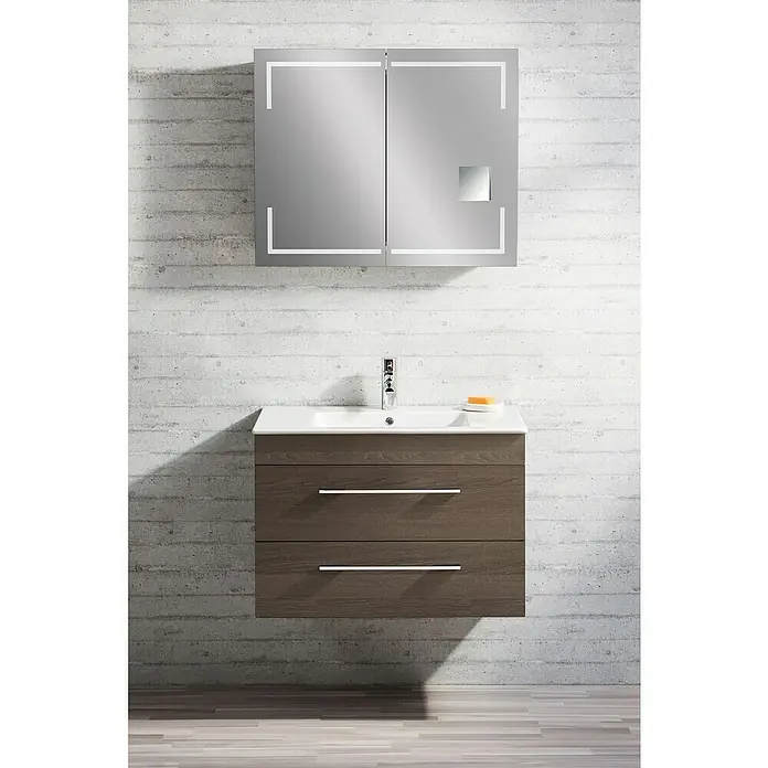 Lanzet K5 Badmöbel-Set K59E2 - 87,9 cm, Eiche Maron - Badezimmerwaschtisch mit Doppelwaschbeckenunterschrank in Holzoptik und einem Spiegelschrank mit LED-Beleuchtung.