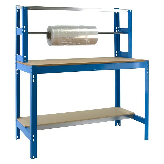 Simonrack Simonwork Werkbank BT4 1500 - L x B: 76 x 151 cm, Arbeitshöhe: 144,5 cm, Belastbarkeit: 600 kg, Blau - Robuster Packtisch mit Folienabroller, ideal für effizientes Verpacken und Versenden von Waren. Die blaue Stahlkonstruktion sorgt für Stabilität.