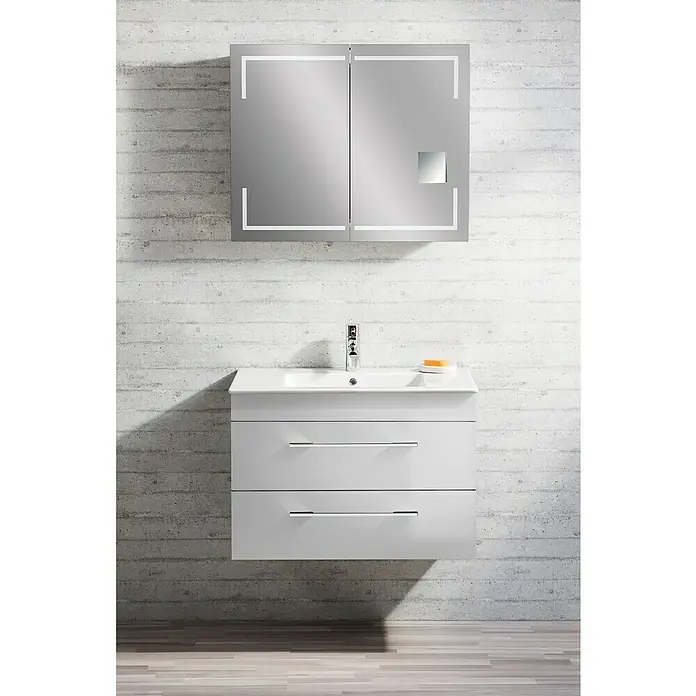 Lanzet K5 Badmöbel-Set K59W2 - 87,9 cm, Weiß - Das Badezimmer-Set mit einem Waschbeckenunterschrank in Weiß und einem Spiegelschrank mit integrierter Beleuchtung, ideal für moderne Bäder.