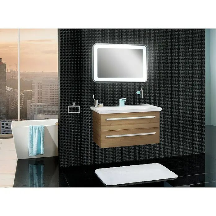 Lanzet M9 Badmöbel-Set M99B1 - 89,2 cm, Berg Eiche - Elegantes Badezimmer-Interieur mit einem Waschtisch aus Holz, einem beleuchteten Spiegel und einer Badewanne mit Ausblick. Stilvolles Design für moderne Bäder.