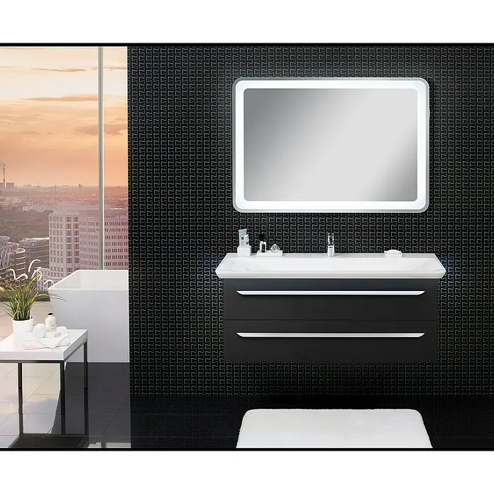 Lanzet M9 Badmöbel-Set M912G1 - 119,2 cm, Grafit - Ein modernes Badezimmer mit einem stilvollen Waschtischunterschrank mit Schubladen, einem beleuchteten Spiegel und einer Badewanne mit Stadtblick.