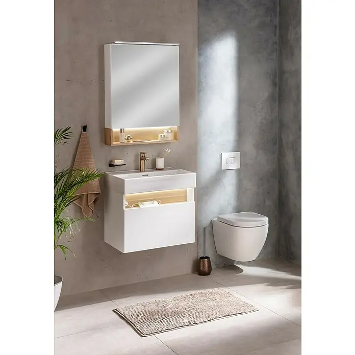 Camargue Nature Badmöbel-Set NA62R - Gesamtbreite Badmöbel: 60 cm, DIN Anschlag: Rechts, Weiß, Matt - Modernes Badezimmer mit weißem Waschtisch mit Unterschrank und Spiegelschrank mit integrierter Beleuchtung für ein stilvolles Ambiente.