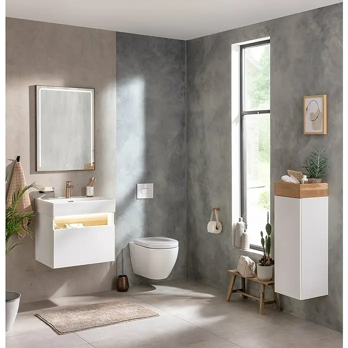 Camargue Nature Badmöbel-Set NA61M - Gesamtbreite Badmöbel: 60 cm, Weiß, Matt - Modernes Badezimmer-Interieur mit weißem Hänge-WC, Waschtisch mit Unterschrank und Spiegel mit Beleuchtung für ein stilvolles Ambiente.