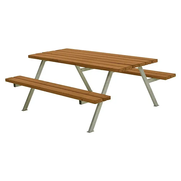 Plus Sitzgruppen-Set Alpha - Teakfarben, Kiefer/Fichte & Stahl, 6 Personen, ohne Rückenlehne - Holz-Picknicktisch mit Metallgestell für den Außenbereich. Robust und langlebig, ideal für Gärten und Parks.