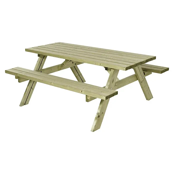 Plus Sitzgruppen-Set Standard - Nadelholz, Naturbraun - Abbildung eines hellgrünen Picknicktisches aus Holz mit zwei Bänken und einer Tischplatte. Der Tisch ist auf einem schwarzen Hintergrund platziert.