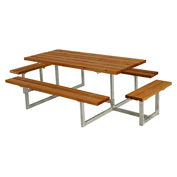 Plus Picknicktisch Basic - Teakfarben, Kiefer/Fichte & Stahl, 8 Personen, ohne Rückenlehne - Stabiler Picknicktisch mit Holzplatten und Metallgestell, ideal für den Außenbereich.