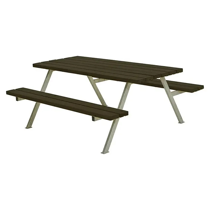 Plus Sitzgruppen-Set Alpha - Schwarz, Kiefer/Fichte & Stahl, 6 Personen, ohne Rückenlehne - Eine braune Picknickbank mit silbergrauen Metallbeinen auf schwarzem Hintergrund für den Garten oder den Park.