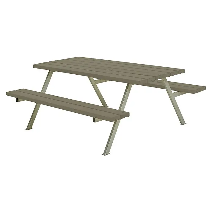 Plus Sitzgruppen-Set Alpha - Graubraun, Kiefer/Fichte & Stahl, 6 Personen, ohne Rückenlehne - Grauer Picknicktisch mit Bänken. Ideal für den Außenbereich, stabil und wetterfest. Praktisch für Gärten und Parks.