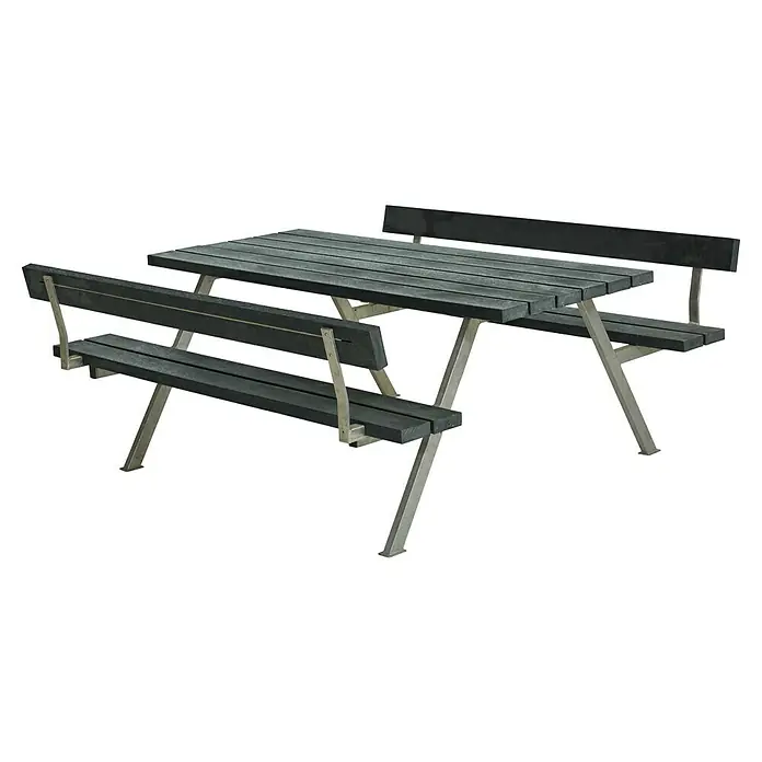 Plus Sitzgruppen-Set Alpha - Grau, Stahl/ReTex, 6 Personen, mit Rückenlehne - Bild einer stilvollen Picknickbank mit Tisch und Rückenlehne, ideal für den Außenbereich. Die Bank ist robust und wetterfest.