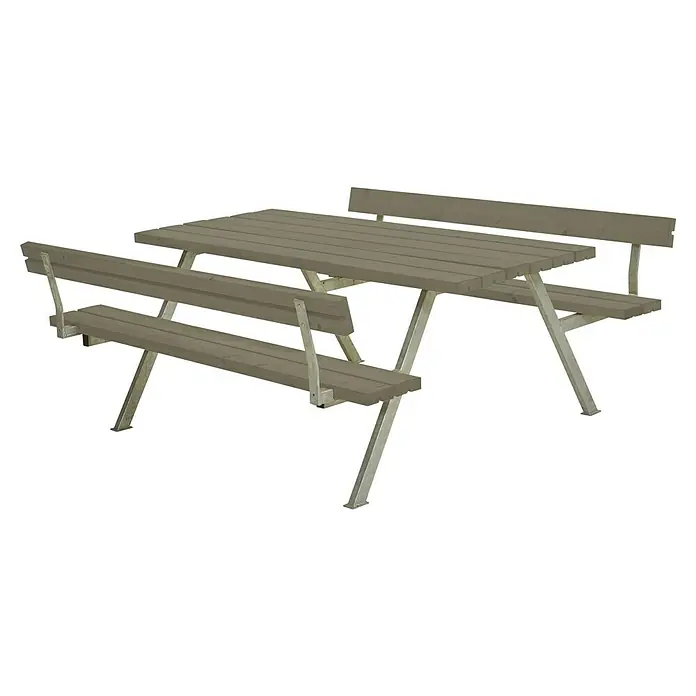 Plus Sitzgruppen-Set Alpha - Graubraun, Kiefer/Fichte & Stahl, 6 Personen, mit Rückenlehne - Ein grauer Picknicktisch mit Bänken und Rückenlehnen, ideal für Mahlzeiten im Freien und gesellige Zusammenkünfte. Robuste Bauweise für den Garten.