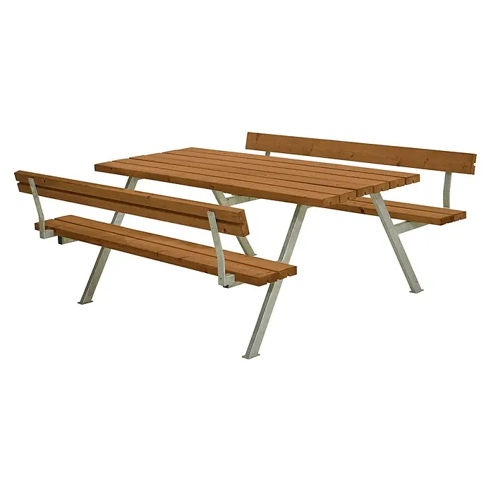 Plus Sitzgruppen-Set Alpha - Teakfarben, Kiefer/Fichte & Stahl, 6 Personen, mit Rückenlehne - Ein rustikaler Picknicktisch mit Holztischplatte, integrierten Bänken und stabilen Metallbeinen, ideal für den Außenbereich.