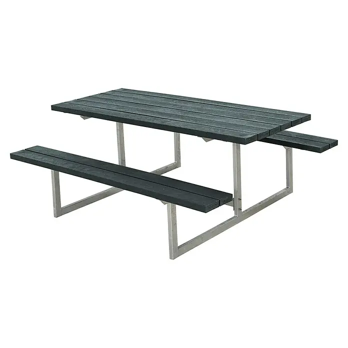Plus Sitzgruppen-Set Basic - Grau, Stahl/ReTex, 6 Personen, ohne Rückenlehne - Graue Picknicktischgarnitur mit Tischplatte und Sitzbänken aus recyceltem Kunststoff und silbernem Metallgestell für den Außenbereich.